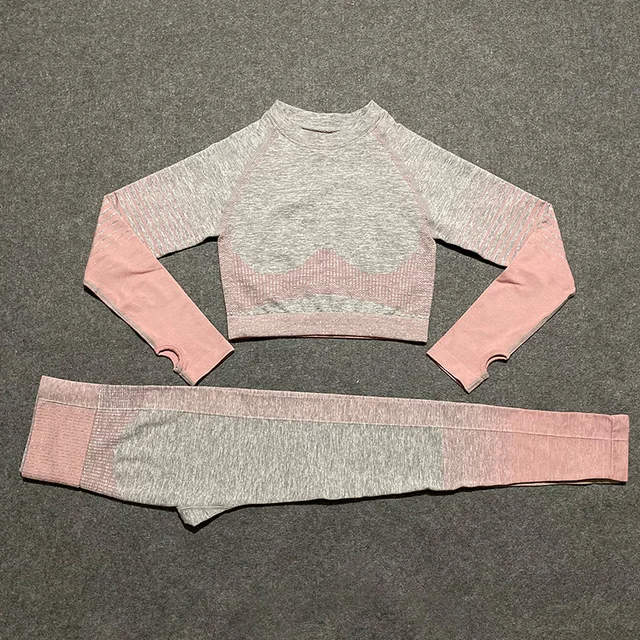 Pink set 2 шт., бесшовный комплект для йоги с эффектом омбре, женские укороченные топы с длинным рукавом, высокая талия, контроль живота, спортивные Леггинсы, спортивный костюм для спортзала, одежда для фитнеса - Цвет: Pink set