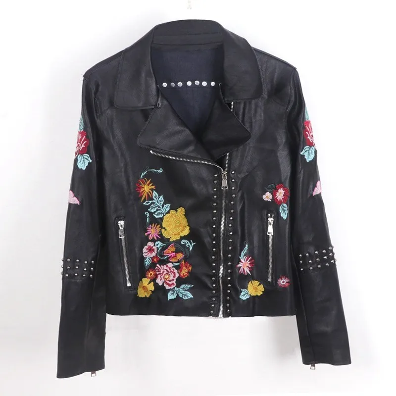 

Floral Embroidery Rivet Womens Faux Leather Jackets High Street Long Sleeve Zipper Slim Motorcycle Fashion Female Short Coats