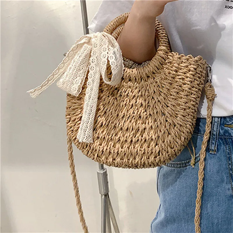 Соломенная Сумка для женщин ручная плетеная в форме Луны кружевной мешок из
