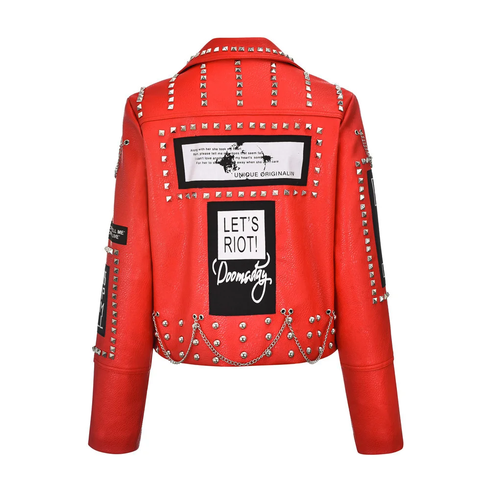 ZURICHOUSE Trend Red PU Leather Chain Rivet Jacket Women Lapel Slim Short Streetwear Punk Style Motorcycle Leather Jacket enlarge