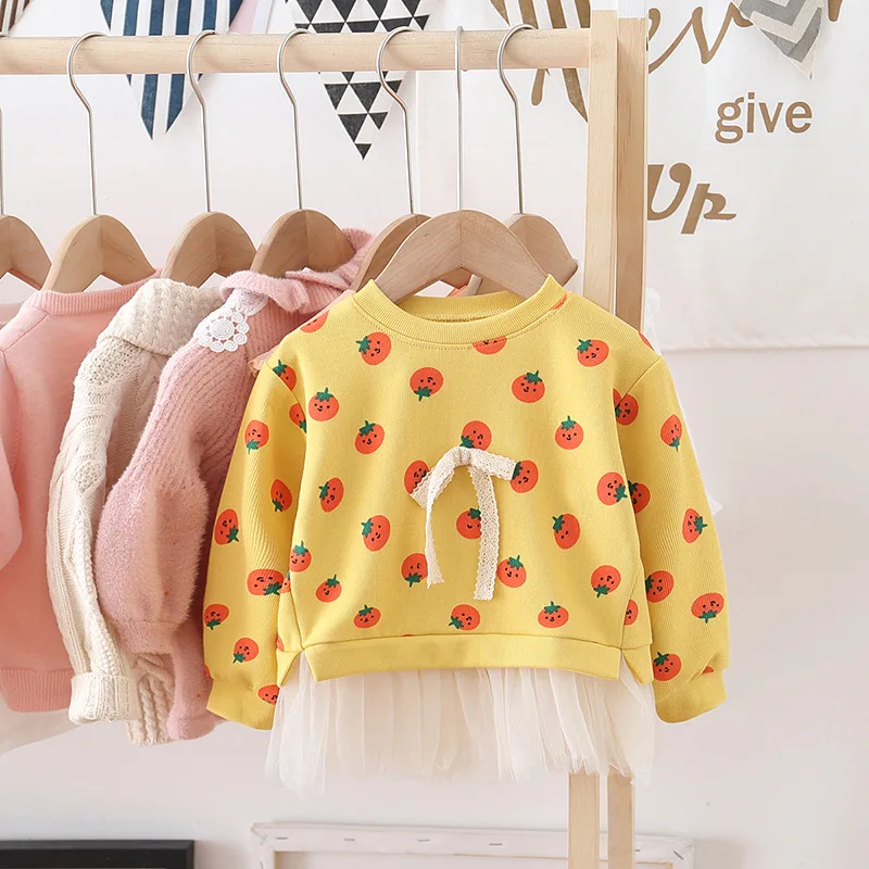 

Baby Girls Sweet Lace Strawberry Dress Spring Autumn Princess Dress Tee Children Long Sleeve Mesh Dress Baby Spring Clothing