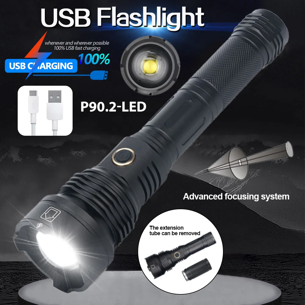 

P90 Flashlight USB Direct Charging Outdoor Portable Strong Light Lighting Flashlight P72c 3 Mode Camping Hiking Lighting
