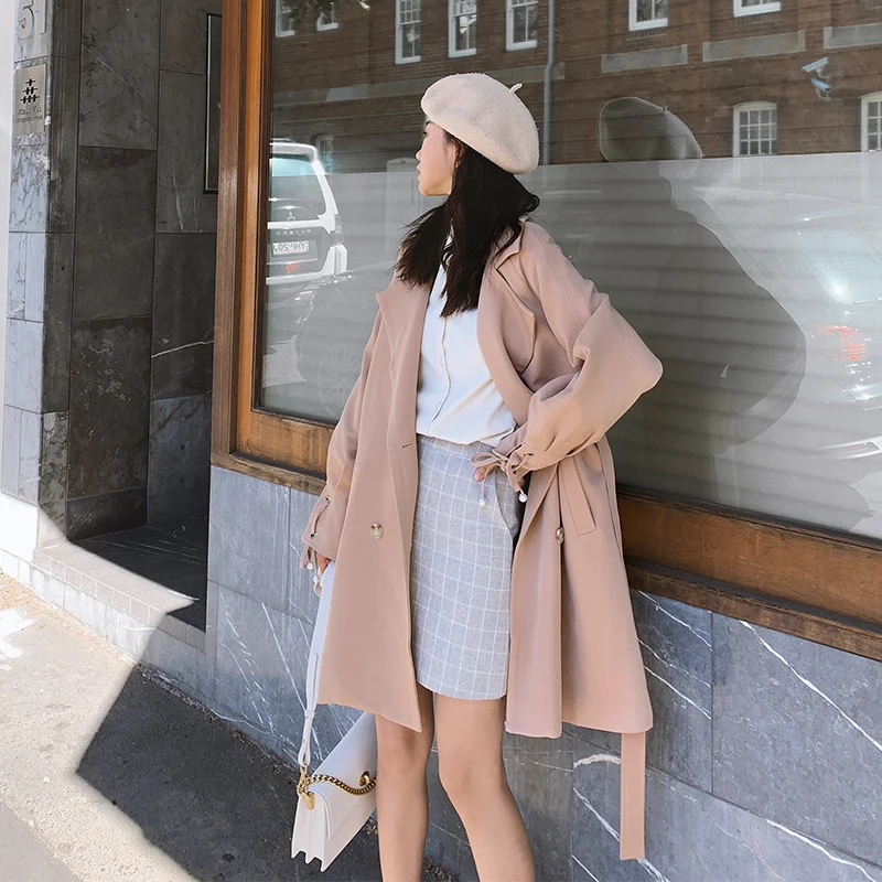 

Women's Windbreaker Spring Autumn New British Fashion Pure Color High Quality Double Breasted Lace-up Commuter Feminine Coat 116