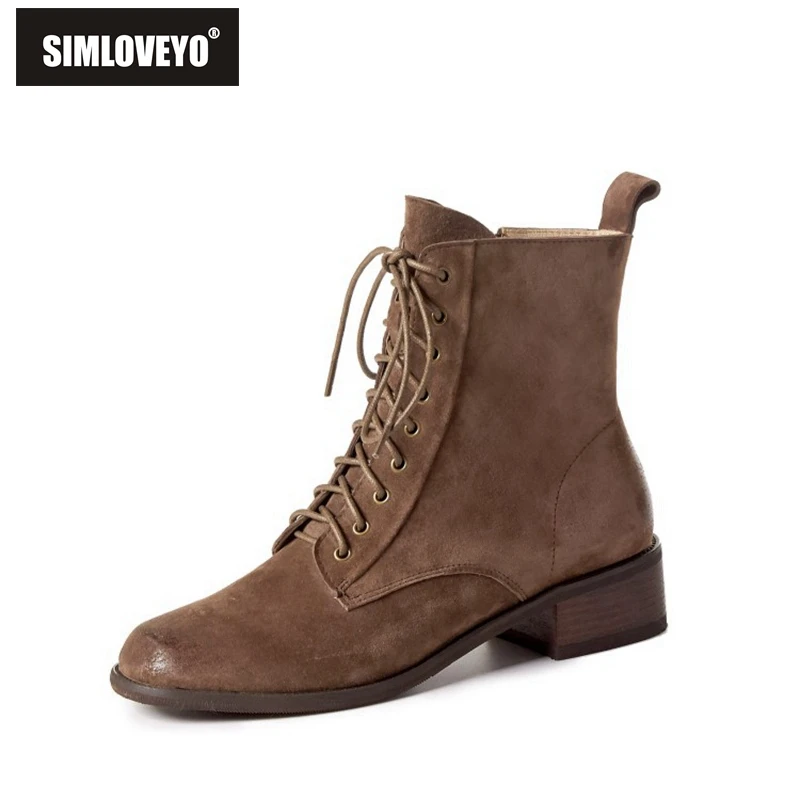 

SIMLOVEYO VintageMid-calf boots Round toe 4cm Block heel Pigskin Zipper Cross-tied Big size 34-42 Brown Black Casual Daily B2057