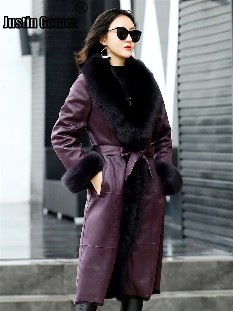 

Winter Fashion 2020 Top Quality Elegant Ladies Fox Fur Collar Long Coat With Belt Warm Slim Thin Casual Wear Women's Coats