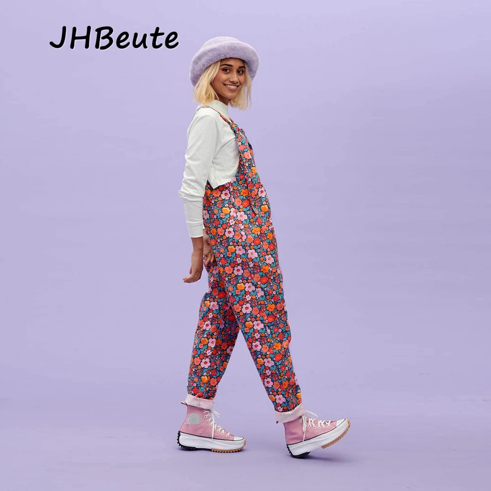 

JHBeute Floral Print Women's Plus Size Pants Wear Straps Casual Tooling Strapping Rope Overalls Personality Tide Brand Trousers