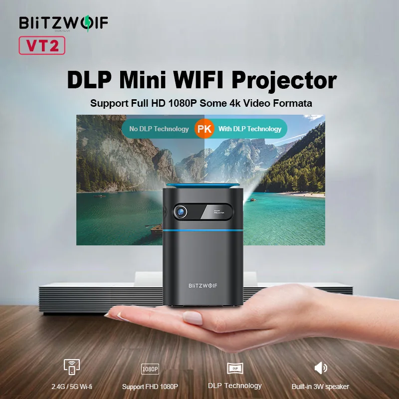 BlitzWolf BW-VT2 DLP Mini Projector WIFI 1080P 2.4G / 5G WIFI Wireless Projection Hand Cinema Movie 4K Video Mini Led Projector