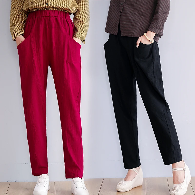 

2019 New Autumn Winter womens casual pants cotton linen harajuku big Size long trousers female cc1673