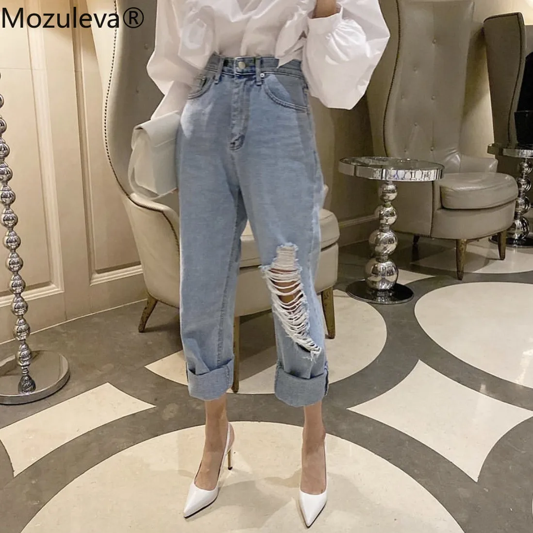 

Mozuleva Women High Waist Ripped Hole Fringe Hem Female Harem Denim Jeans Streetwear 2022 Spring Women Denim Trousers Streetwear