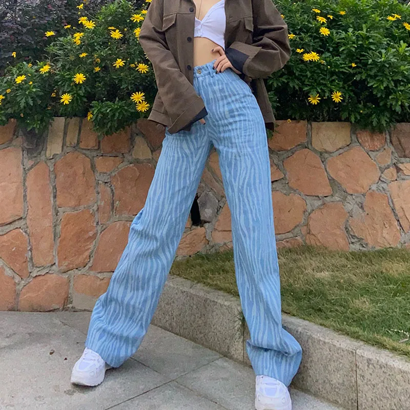 

Irregular Stripe Women Straight Denim Jeans High Waist Wide Leg Fashion Pants Stylish Ladies Blue Trousers Baggy Chic Bottoms