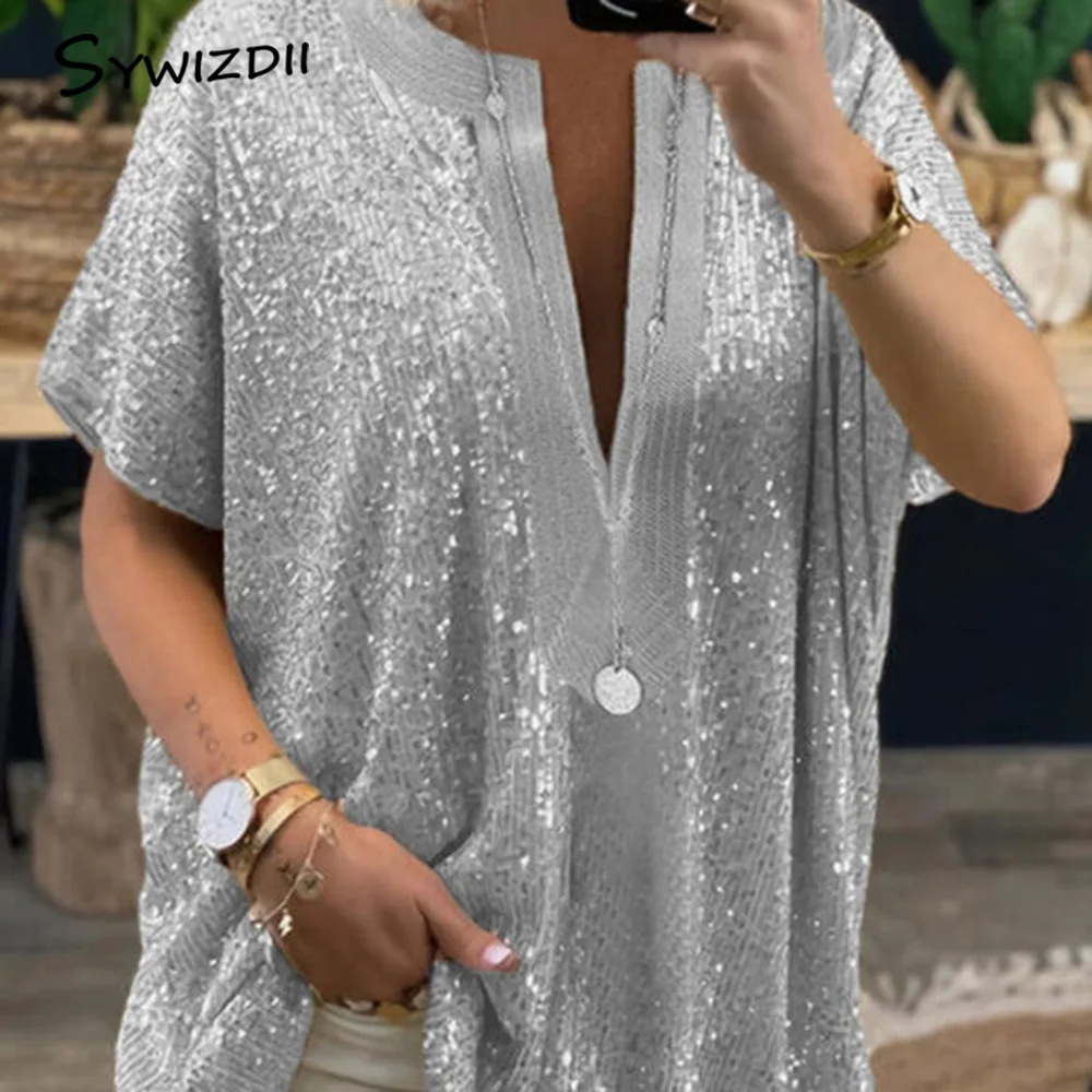 

SYWIZDII Womens Tops And Blouses Sequins Short Sleeve T Shirt Summer Sexy Loose Shirts Vintage V Neck Top Tees Large Size