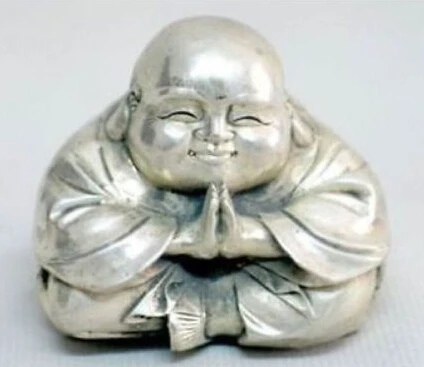 

FREE SHIPPING OLD TIBET SILVER SITTING SMALL LAUGHING BUDDHA STATUE