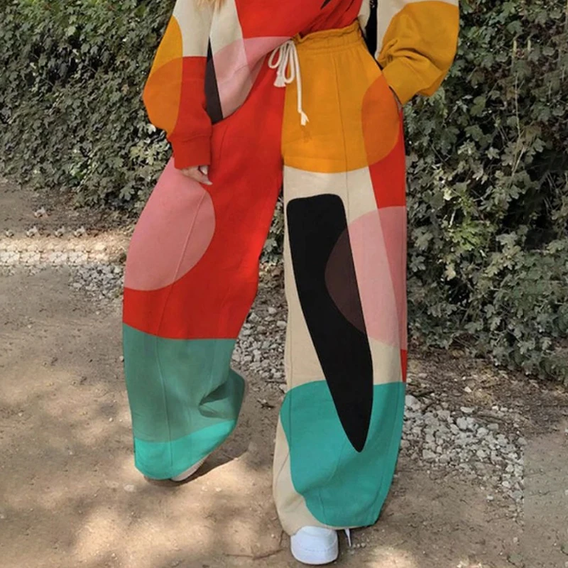 

VGH Loose Print Two Piece Set For Women O Neck Long Sleeve Tops Casual Pants Hit Color Sets Female 2021 New Clothes Fashion