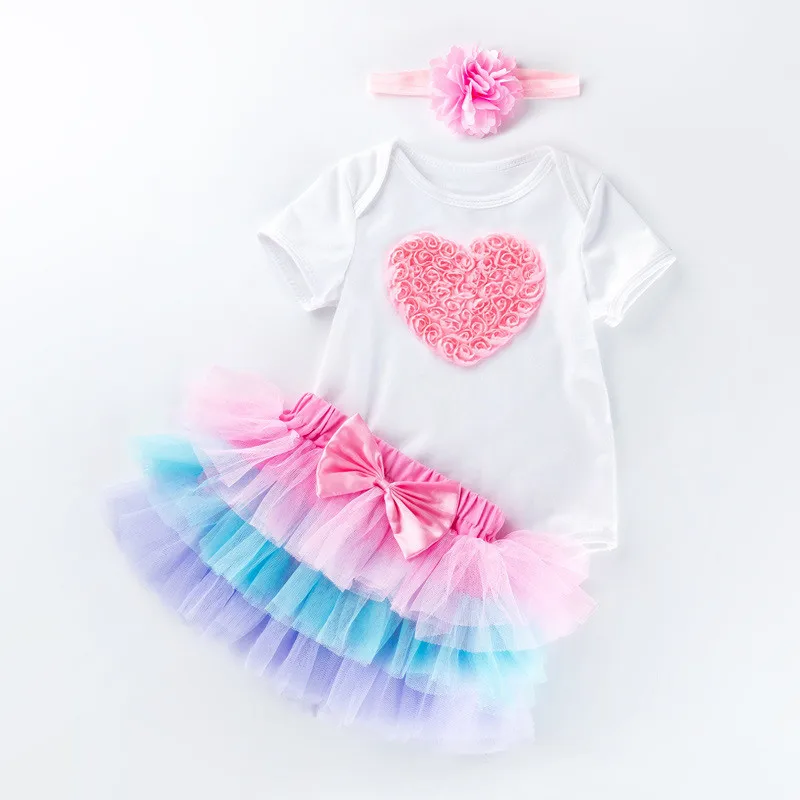 

0-18M baby girl holiday Jumpsuit cotton short-sleeved romper+six-layer sand skirt suit dress 2021 Summer children clothing sets