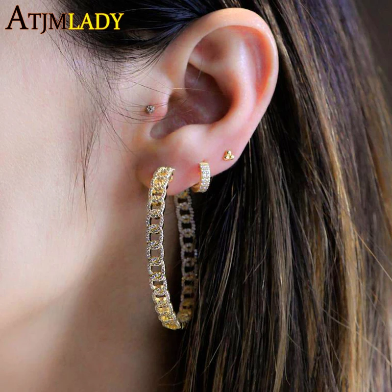 

2022 New Popular Simple Cuban Link Chain Hoop Earring For Women Semi Circle Statement Earring Iced Out Sparking 5A Cz Brincos