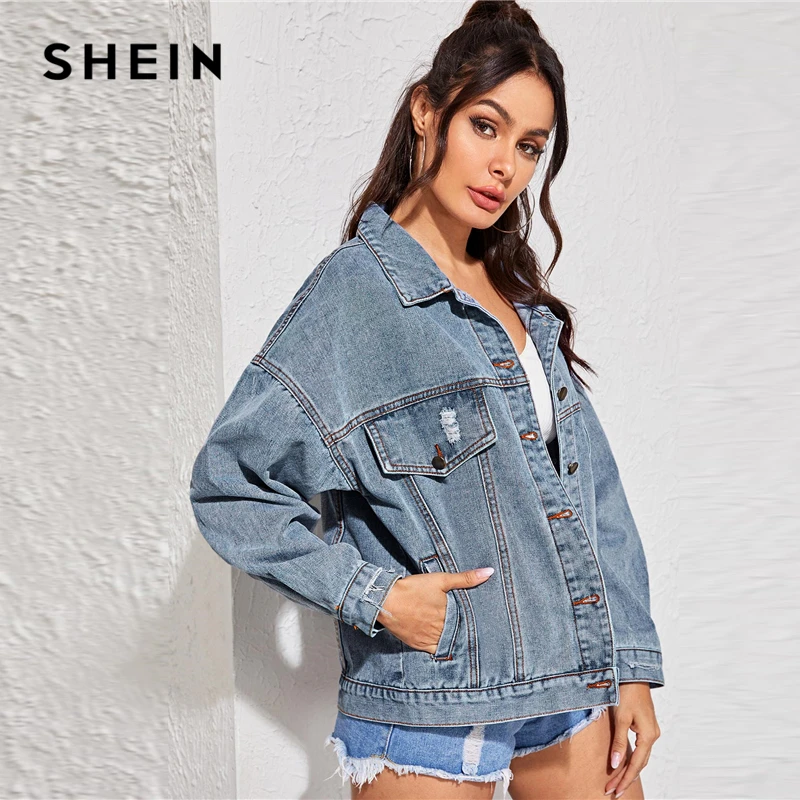 SHEIN синий однобортный пуговица спереди джинсовая куртка пальто Женская Осенняя уличная отложной воротник двойной карман Повседневная Верхняя одежда