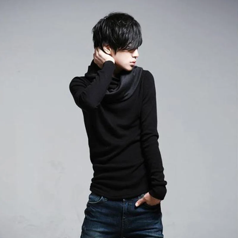 

New fashion Korean version of the trend of autumn and winter pile collar personalized hair stylist men's long-sleeved Slim T-shi