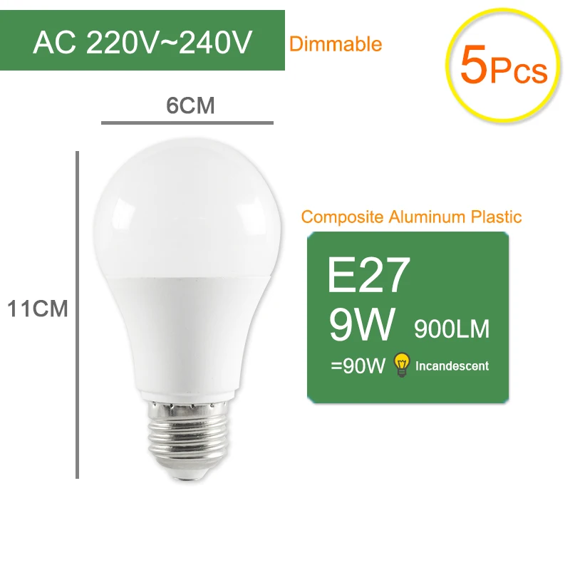 Kaguyahime 1 шт./5 шт E14 E27 9W Dimmable высокой яркости E27 светодиодный светильник 220V светодиодный лампы светодиодный светильник лампады Lamparas Bombillas ампулы 6 Вт - Emitting Color: E27 9W 5pcs