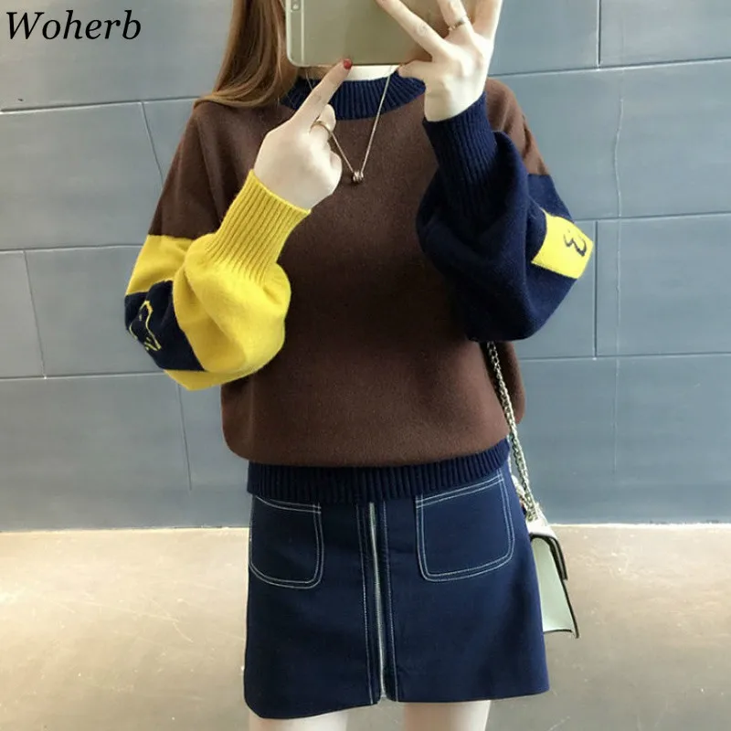 Woherb Harajuku контрастный цвет женский свитер пуловеры Свободные фонари рукав Femme джемпер корейский милый вязаный зимний толстый Одежда