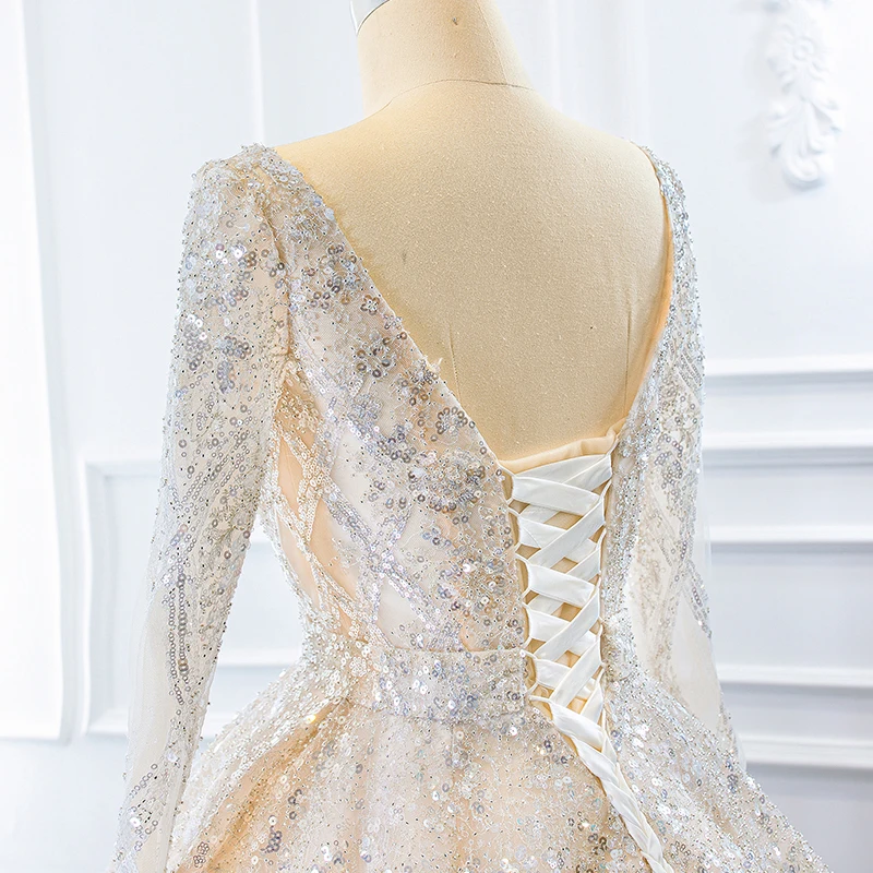 J67157 JANCEMBER Champagne Wedding Dress 2020 O Neck Long Sleeve Chest Strap Perspective Sequined vestidos de novia платья 2020