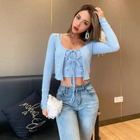 2021 new sexy flower embroidery blue lace up cardigan and camis crop top autumn women long sleeve o neck tops knit streetwear