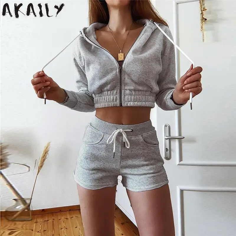 

Спортивный костюм Akaily из двух предметов, серый спортивный костюм на молнии с капюшоном