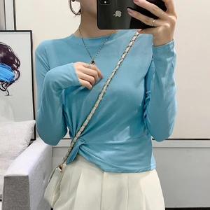 Irregularly Twisted Cotton Long-sleeved Bottoming T-shirt Womens Short Autumn 2021 Design Sense Round Neck Inner Top