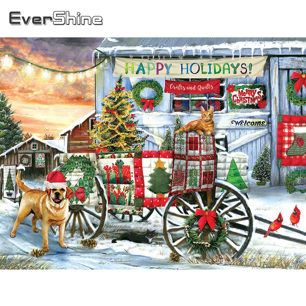 Зимний домик с пейзажем "Evershine Diamond Painting" - новинка! Вышивка мозаикой крестиком "Зимний пес" - рождественский подарок для декора дома.