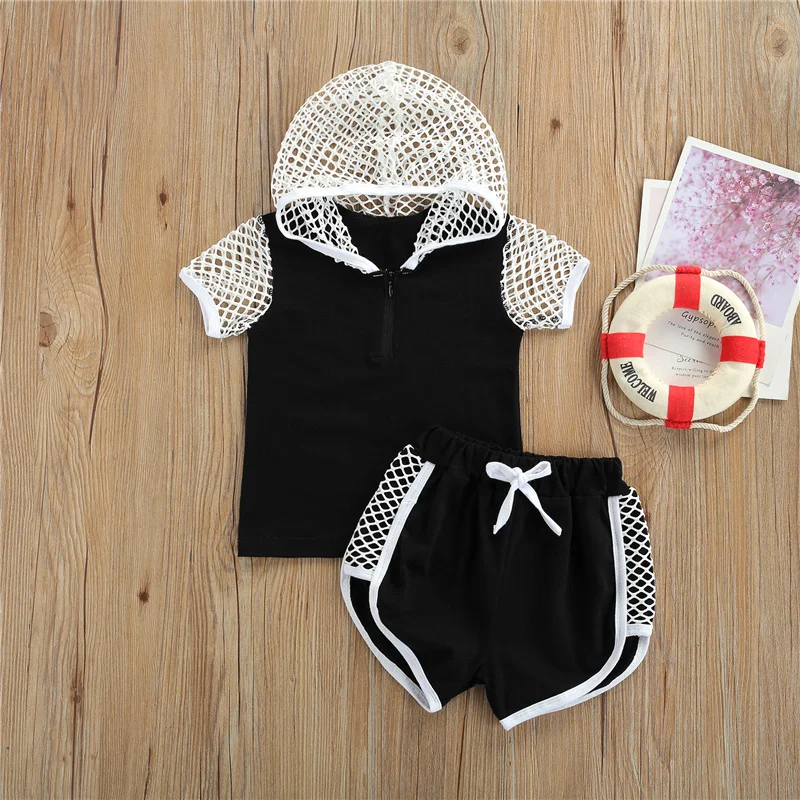 

2pcs 6Months-4Years Children Girls Cotton Outfits,Fashion Contrast Color Hollow Short Sleeve Hooded Tops and Bandage Short Pants
