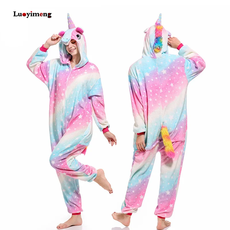 pink star Зимняя Фланелевая пижама Unicornio, женская одежда для сна для взрослых, парная Пижама-комбинезон, пижама с изображением единорога, животных, мультяшная Пижама, Femme Pijama Licorne - Цвет: pink star