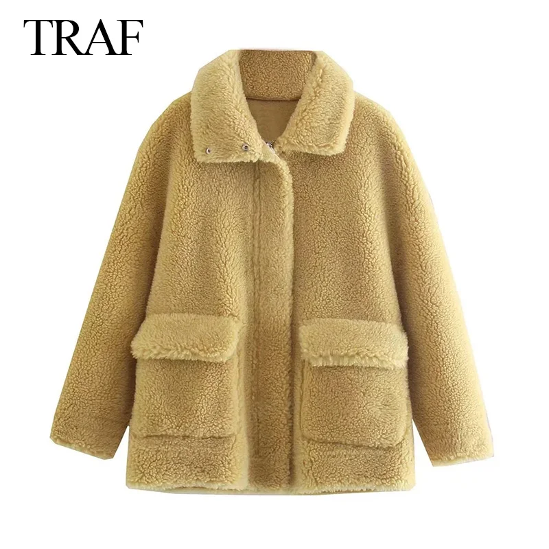 

TRAF ZA Fashion Artificial Fur Jacket Lamb Wool Fleece Winter Coat For Women Long-sleeved Warm Ladies Office Wear Chic Outerwear