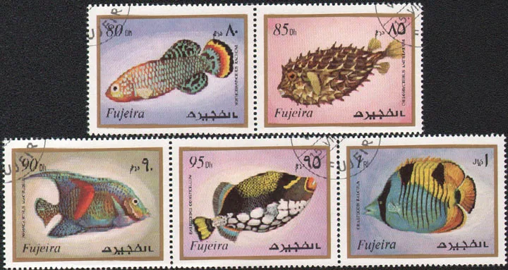 

5 шт./компл. почтовые марки Fujaira 1972 морские декоративные рыбы, использованные почтовые марки для коллекционирования