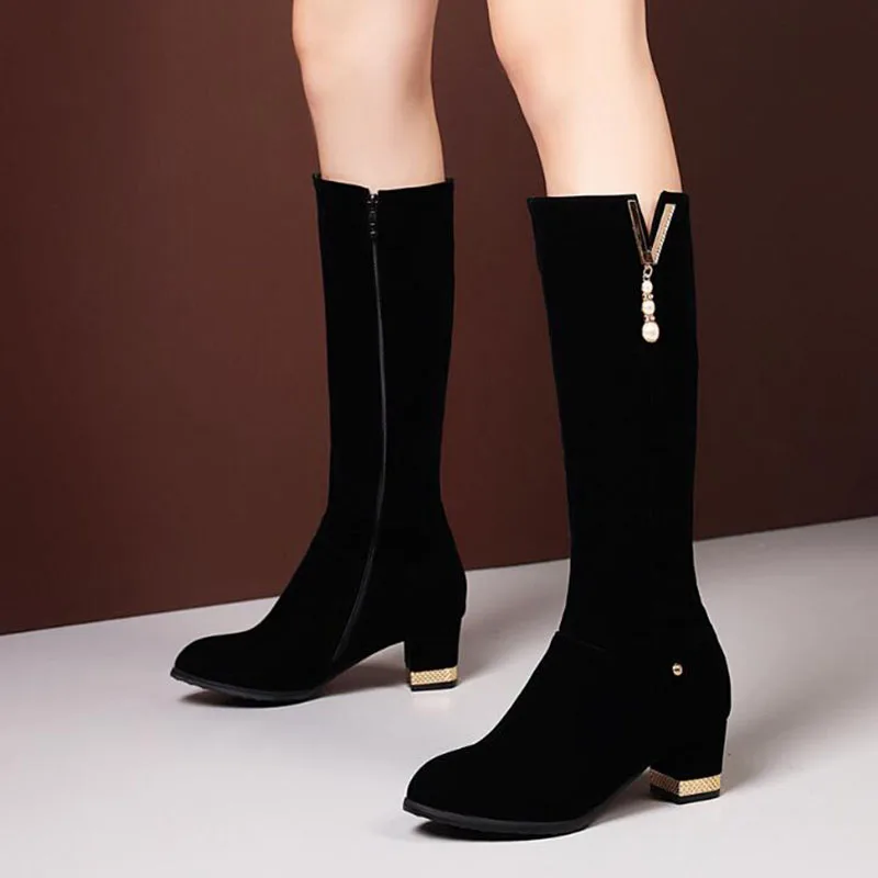 Новинка весна осень 2020 сапоги до колена замшевые высокие на толстом каблуке