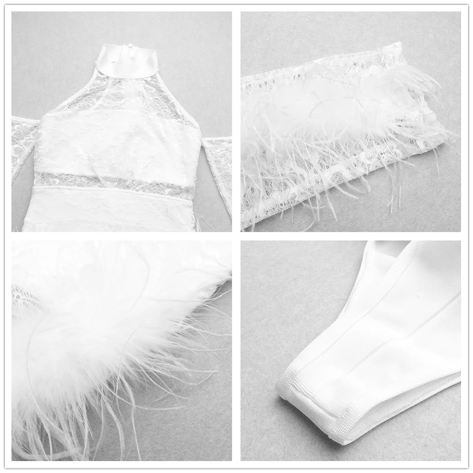 

2019 New Autumn Lace Patchwork Feather White Fashion Hollow Bandage Jumpsuit Long Sleeve Club Party Jumpsuit Wholesale
