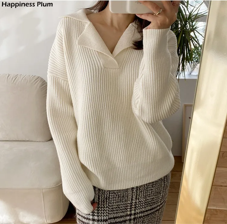

Casual Chic Loose Turn-down Collar Women Knitted Jumpers Autumn New Full Sleeve Female Solid Pullover Sweaters 2021