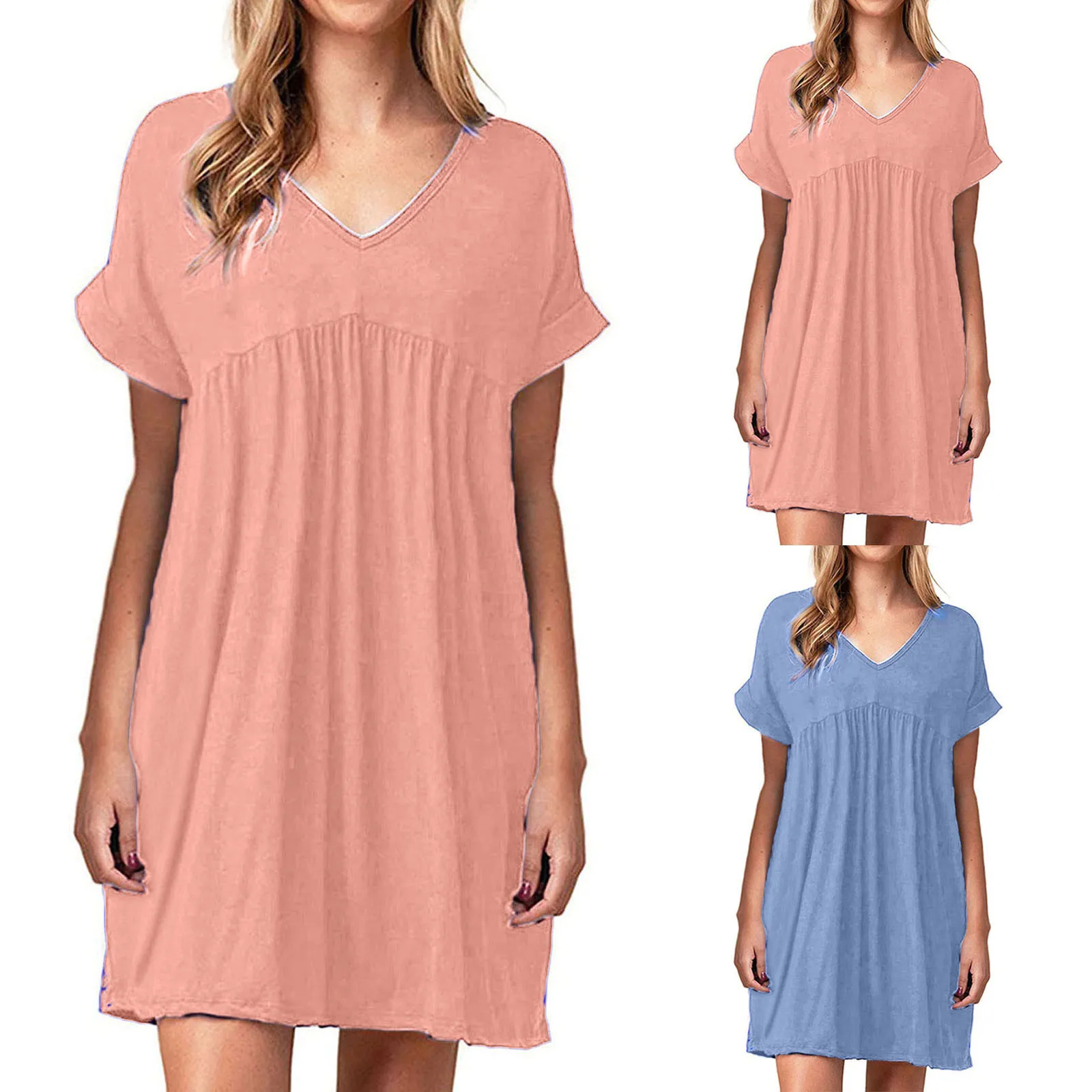 

dresses for women 2021 Women's Summer Pleated Short Sleeve V Neck Mini Dress vestidos mujer verano New Hot Sale Fashion 2021