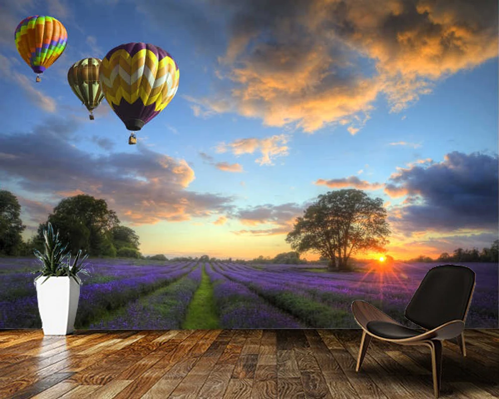 

Papel de parede Hot air balloon over a lavender field landscape 3d wallpaper mural,living room bedroom wall papers home decor