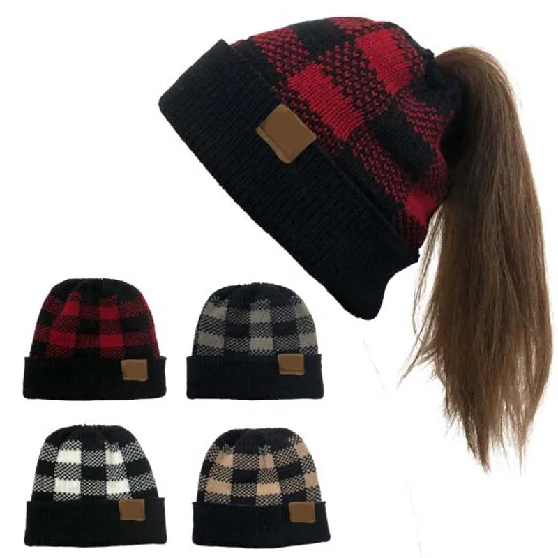 

XEONGKVI Europe America Grid Flanging Christmas Hat Beanies Fashion Brand Acrylic Winter Warm Horsetail Knitted Cap For Women