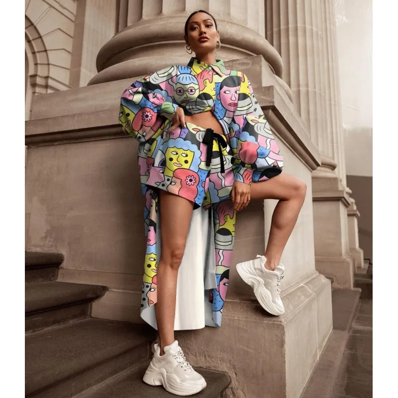 

2 Pieces Women's Sets 2021 Spring Autumn Cartoon Print Blouse Long Shirt Women Tops And Shorts Set Two Piece Set Tracksuit