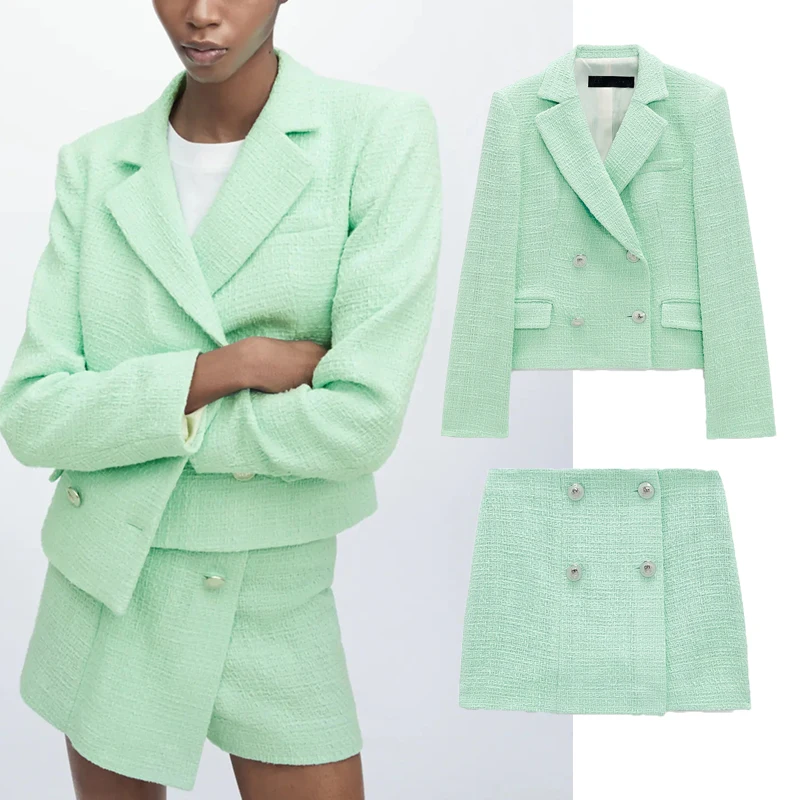 Женский винтажный пиджак ZA двубортный с отложным воротником и шорты комплект из 2