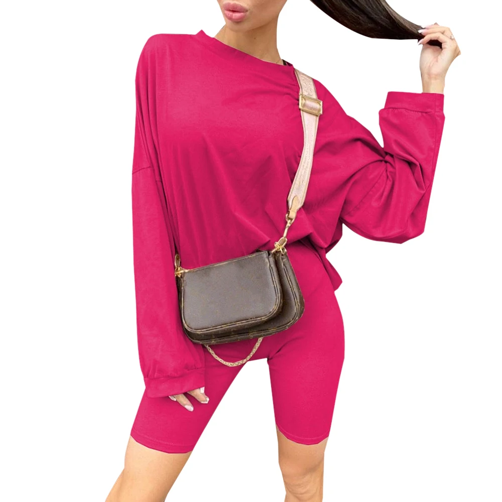 

Women's O-neck loose long-sleeved top summer mosquito long-sleeved sweater and motorcycle shorts two-piece suit