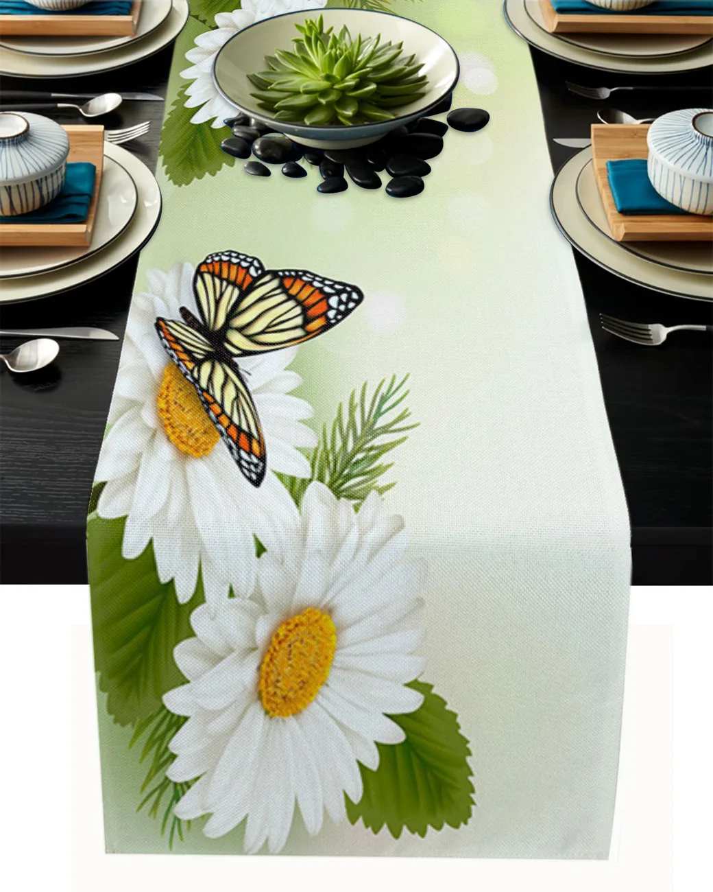 

White Flower Chrysanthemum Butterfly Table Runner Wedding Decor Table Cover Christmas Decoration Holiday Party Tablecloth