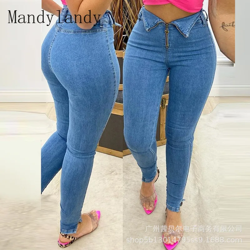 

Mandylandy Jeans Summer Fashion High Waist Slim Denim Pencil Pants Women's Casual Solid Color Zipper Jeans