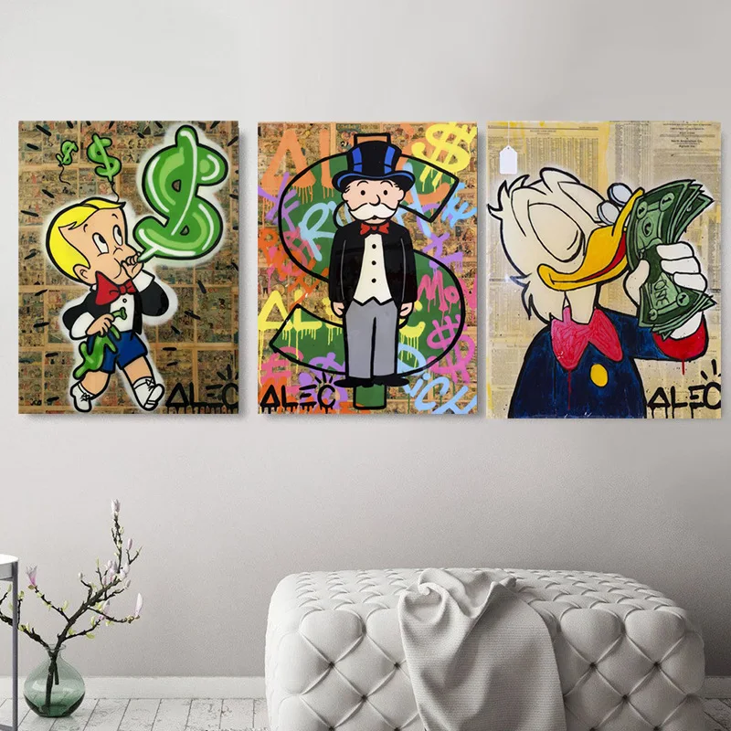 

Modern Cartoon Poster Paints Old Man Beauty Girl Child Dollar Canvas Art Decorative Painting Abstract Graffiti Wall Street Photo