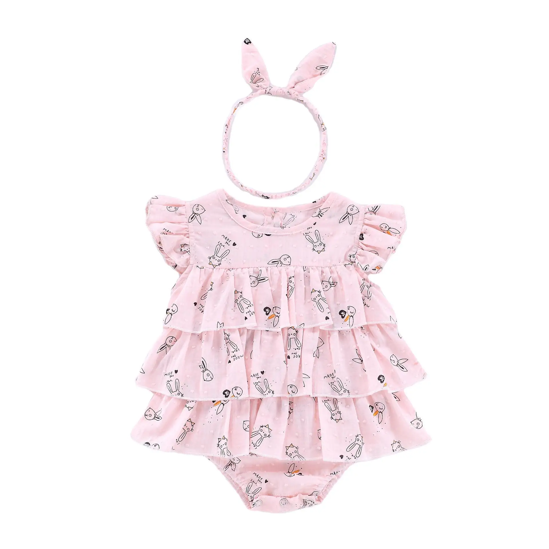 

WLG Girl Rompers Baby Girl Summer Cartoon Rabbit Short Sleeve Romper with Headband Toddler Girl Cute Clothes for 6-18 Months