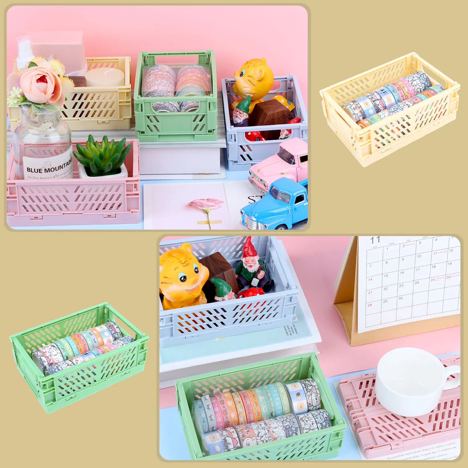 

Mini Folding Plastic Storage Box Collapsible Storage Container Desktop Cosmetic Storage Basket Home Office Organizer Box