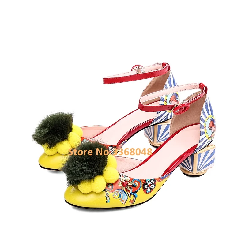 

Retro Chunky Heel Sandals Hairy Ball Decor Heel 5.5 cm Strange Style Ankle Buckle Round Toe Cut Out Shoes Cover Heel Mixed Color