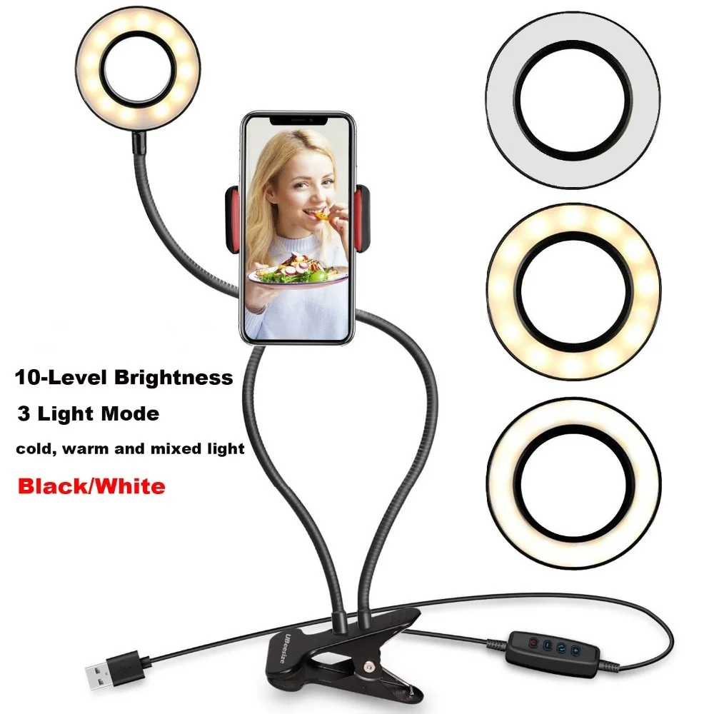Ahsanks USB LED Selfie Ring Dimmable. Светодиодное селфи-кольцо с регулятором мощности и держателем для Iphone 7plus, 8, X и Android