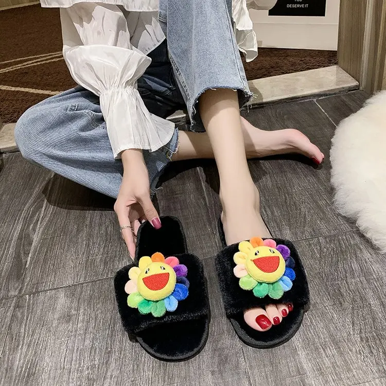 

Women's Slippers, Women's Rainbow Flower Cotton Slippers, Winter Non-slip Floor Home Furnishing Slippers, Women's Bedroom Shoes