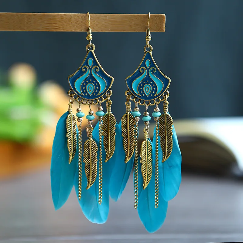 

Vintage Fan Shaped Leaf Feather Drop Earrings for Women Bohemian Colorful Long Metal Leaf Tassel Earrings Ethnic Jewelry Gift